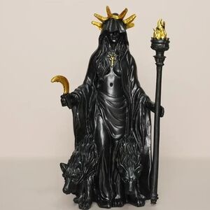 Black and Gold Goddess Statue with Wolves